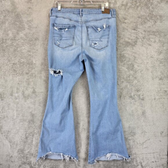 American Eagle Jeans Womens 16 Light Wash Distressed Flare Raw Hem Stretch Rips - Picture 8 of 12
